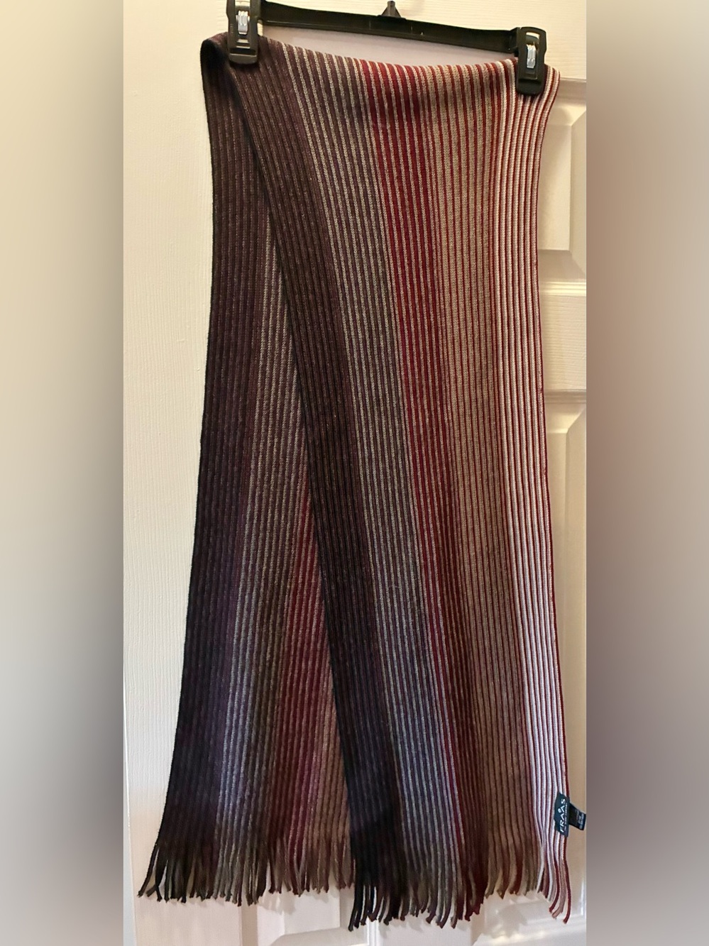 Fraas, German made 100% Wool Scarf. New. Burgundy, Tan, Brown, Grey Stripes.